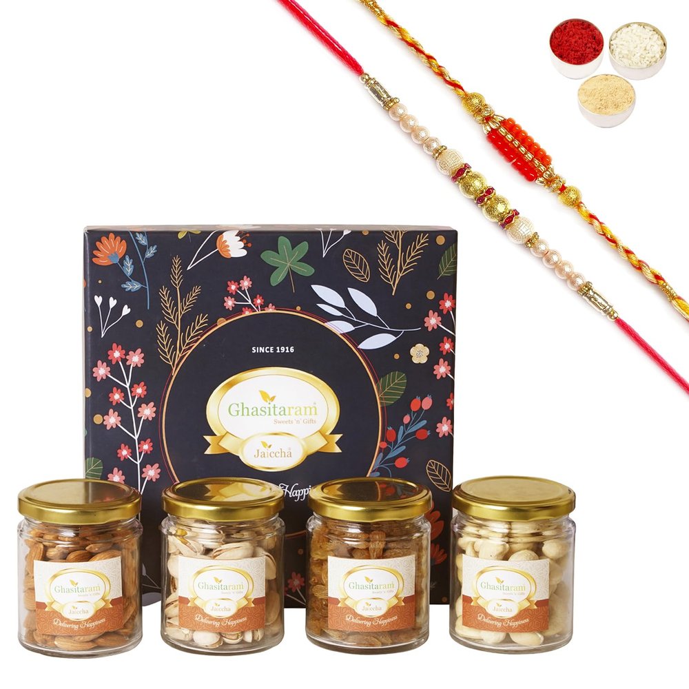 Ghasitaram Gifts Jaiccha Rakhi for Brother Ghasitaram Hamper Box with Dryfruit Jars with 2 Rakhis