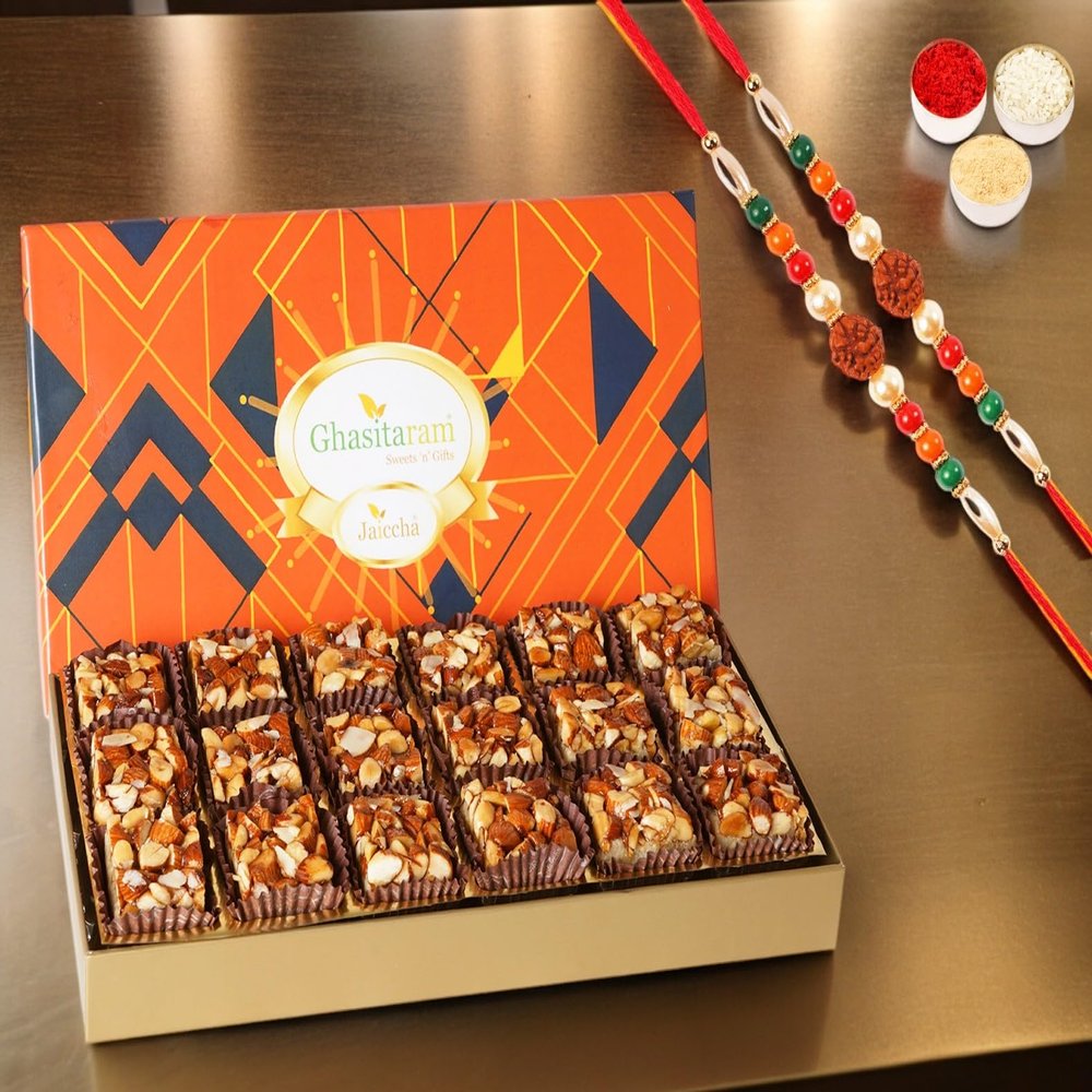 Ghasitaram Gifts Jaiccha Rakhi for Brother Sugarfree Almond Delight in Designer Box 18 pcs with 2 Rudraksh rakhis