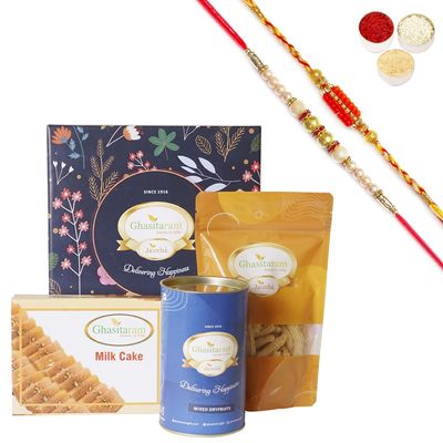 Ghasitaram Gifts Jaiccha Rakhi for Brother Ghasitaram Hamper Box small with Milk Cake with 2 Rakhis