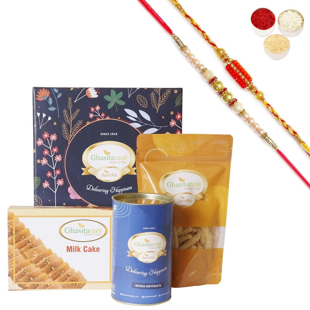 Ghasitaram Gifts Jaiccha Rakhi for Brother Ghasitaram Hamper Box small with Milk Cake with 2 Rakhis