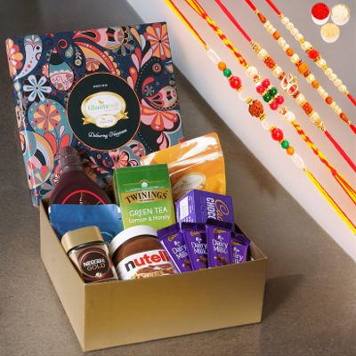 Ghasitaram Gifts Jaiccha Rakhi for Brother Ghasitaram Big Hamper box of 12 Goodies with 5 Rakhi