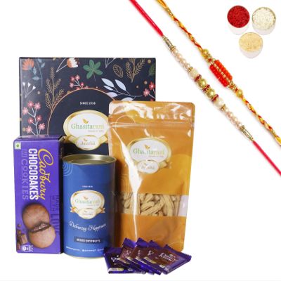 Ghasitaram Gifts Jaiccha Rakhi for Brother Ghasitaram Hamper Box of 8 Goodies with 2 Rakhis