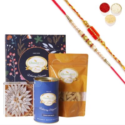 Ghasitaram Gifts Jaiccha Rakhi for Brother Ghasitaram Hamper Box small with Kaju Katli with 2 Rakhis