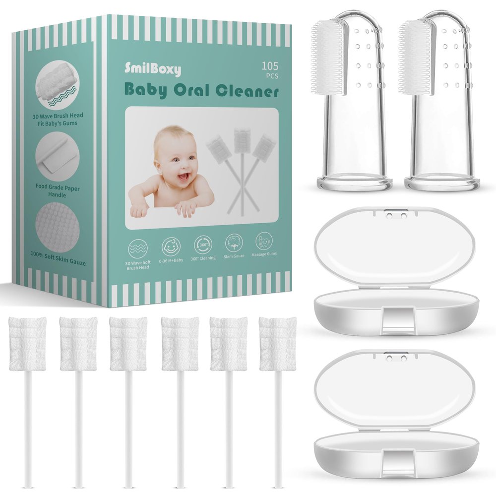 SmilBoxy Infant Tongue Cleaner Skim Gauze 105PCS + 2 Finger Cot Baby Toothbrush With Box, Baby Oral Cleaner Newborn Disposable Tongue Cleaner, Care 0-36 Month Baby Stuff For Newborn (105)