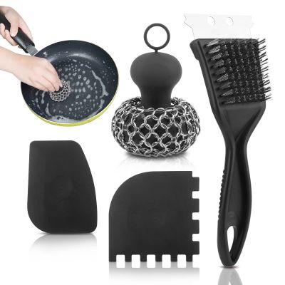 Jaeskeclip 4pcs Cleaning Tool, Stainless Steel Cast Iron Skillet Cleaner, Cast Iron Scrubber Kit,Chainmail Scrubber with Scraper Tool for Cast Iron Pans, for Cast Iron Pans, Grill, Sinks(Black)