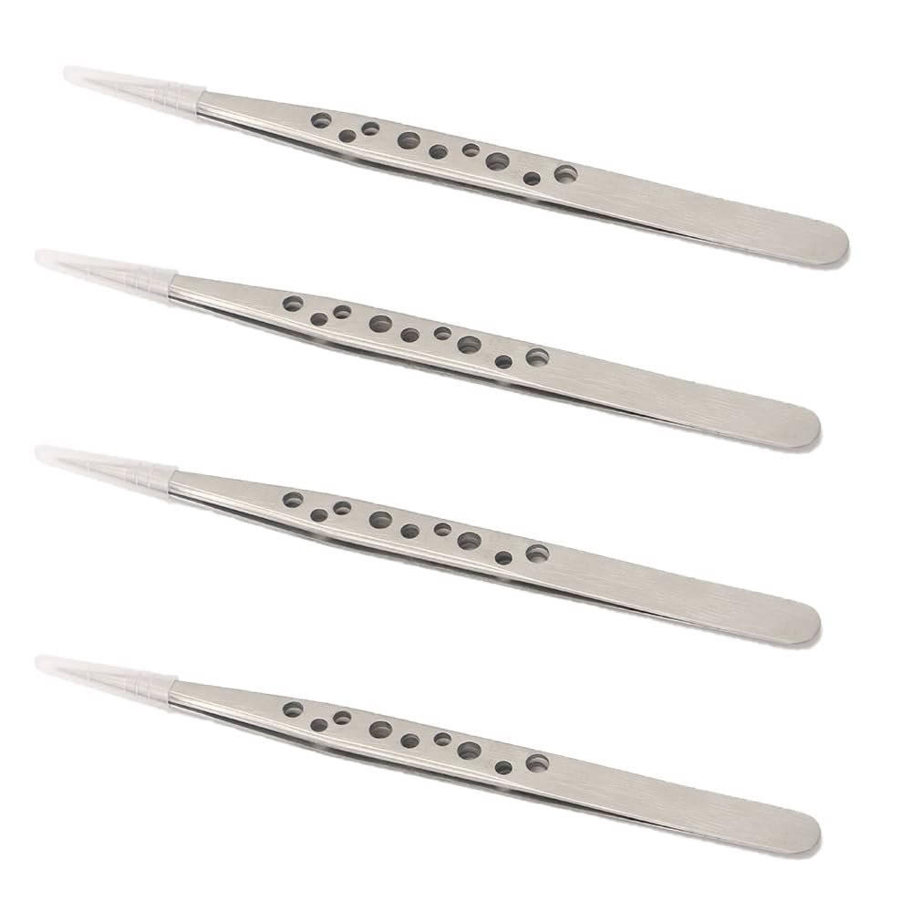 4 Pieces Eyelash Extension Tweezers, Precision Straight Tip Tweezers with Holes for Jewelry Making, Electronics Repair and Hair Removal