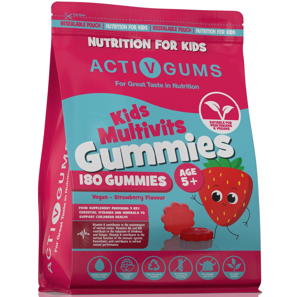 Kids Multi Vitamins 180 Vegan Gummies | Strawberry Flavour | Pouch with 9 Essential Vitamins A, D, E, C, B3, B6, B12, B5 & Iodine | Resealable & Recyclable | Suitable for Kids Age 5+ by ActivGums