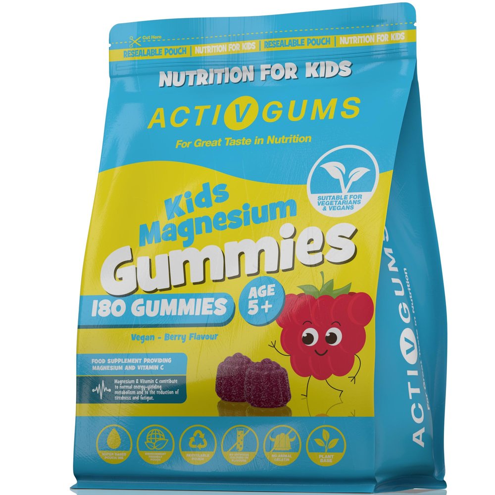Kids Magnesium 180 Vegan Gummies | Magnesium Citrate 1250mg & Vitamin C 80mg | Support Sleep, Bones, Immune, Energy & Cognition | Resealable & Recyclable Pouch | Suitable for Kids Age 5+ by ActivGums