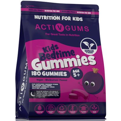 Kid's Bedtime 180 Vegan Gummies | Blackcurrant Flavour | Melatonin & 5HTP Free Contains Vitamin B6, Montmorency Cherry, Chamomile | Resealable & Recyclable Pouch | Suitable for Ages 5+ by ActivGums