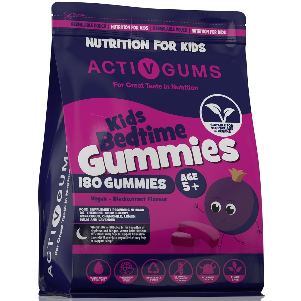 Kid's Bedtime 180 Vegan Gummies | Blackcurrant Flavour | Melatonin & 5HTP Free Contains Vitamin B6, Montmorency Cherry, Chamomile | Resealable & Recyclable Pouch | Suitable for Ages 5+ by ActivGums