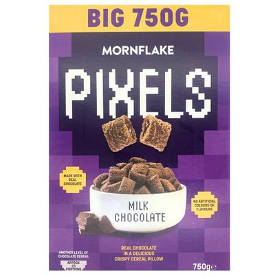 Mornflake - Pixels Chocolate Cereal Crispy Breakfast Cereal Pillows, Multipack of 8x 750g Vegetarian Milk Chocolate Cereal. Wheat Pillows Filled With Real Chocolate Filling