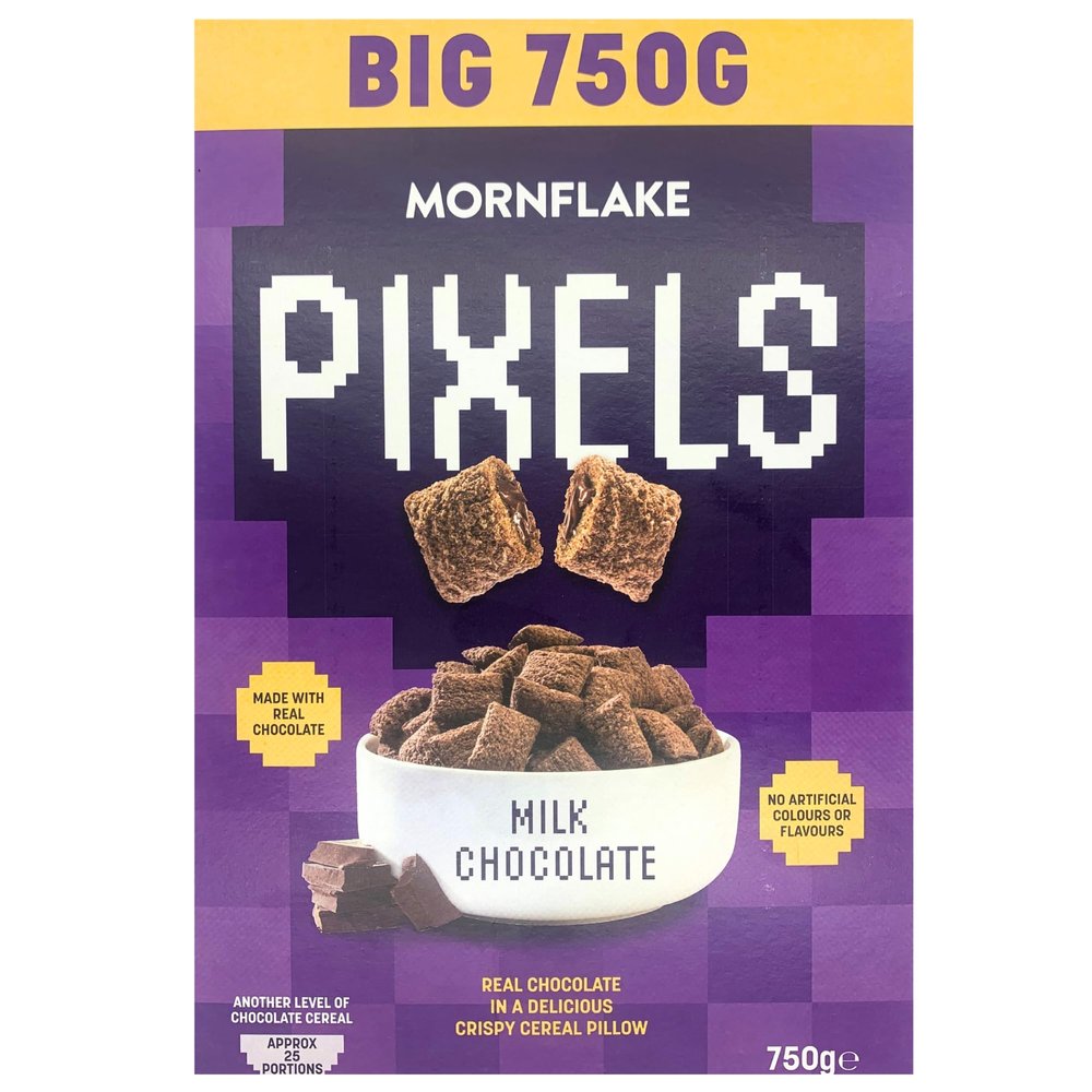 Mornflake - Pixels Chocolate Cereal Crispy Breakfast Cereal Pillows, Multipack of 8x 750g Vegetarian Milk Chocolate Cereal. Wheat Pillows Filled With Real Chocolate Filling