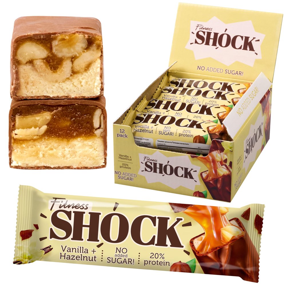 Fitnesshock Protein Bars Low Carb, High Protein Chocolate Bar  No Sugar Added, Rich Fiber Content, Palm Oil Free | Hazelnut Vanilla | 12x50g