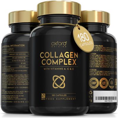 Award Winning Collagen Complex | Made in the UK | Hydrolysed Collagen Supplements for Women & Men Enhanced with High Absorption Hair Skin and Nails Vitamins A, C & E | 180 Capsules