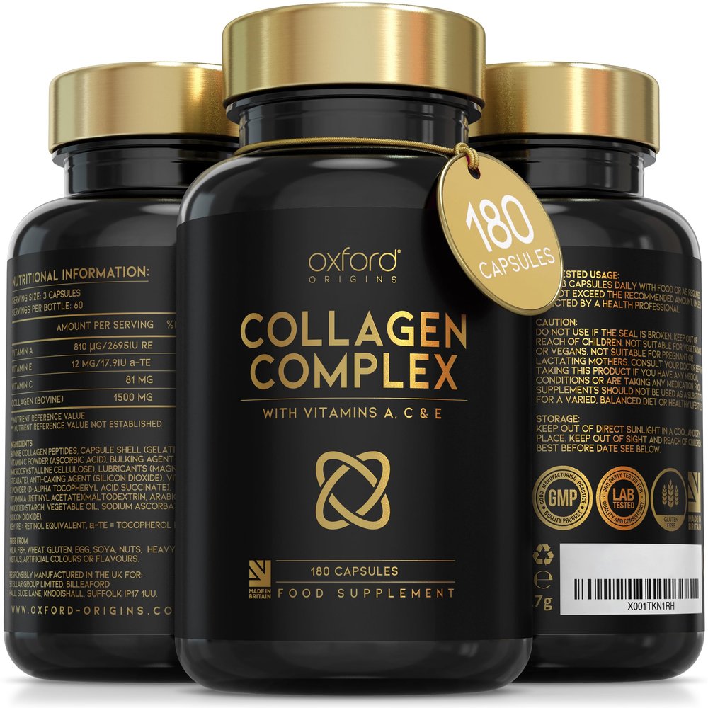 Award Winning Collagen Complex | Made in the UK | Hydrolysed Collagen Supplements for Women & Men Enhanced with High Absorption Hair Skin and Nails Vitamins A, C & E | 180 Capsules