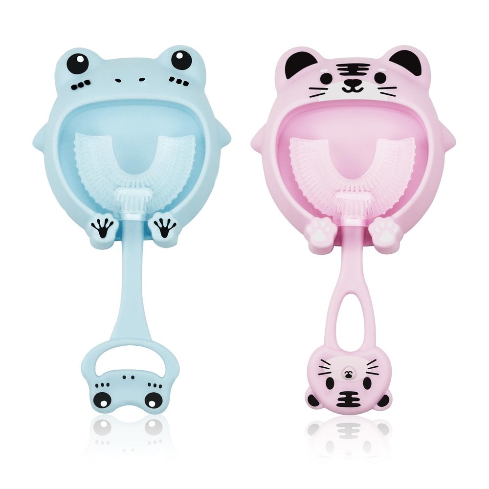 2 Pack Kids U-Shaped Toothbrush, Food Grade Soft Silicone Brush Head, 360 Whole Mouth Manual Training Tooth Brush for Toddlers and Children 2-6 Years Old (Blue, Pink)