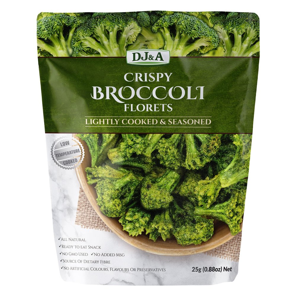 DJ&A Broccoli Florets Vegetable Snack, Lightly Cooked & Seasoned Vegan Snacks, Non-GMO, 25g, Pack of 12