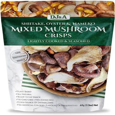 DJ & A Mixed Mushroom Shiitake, Nameko & Oyster Crisps, Healthy Ready to Eat Snacks, No MSG, Non-GMO, 9 x 65g Pack
