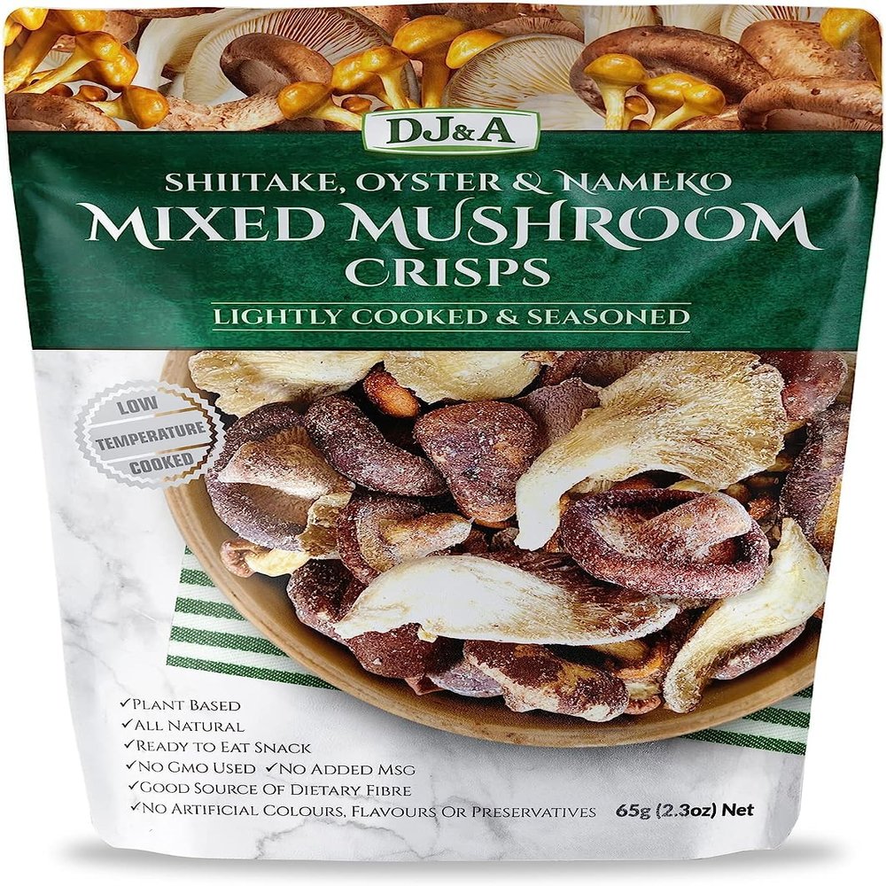 DJ & A Mixed Mushroom Shiitake, Nameko & Oyster Crisps, Healthy Ready to Eat Snacks, No MSG, Non-GMO, 9 x 65g Pack
