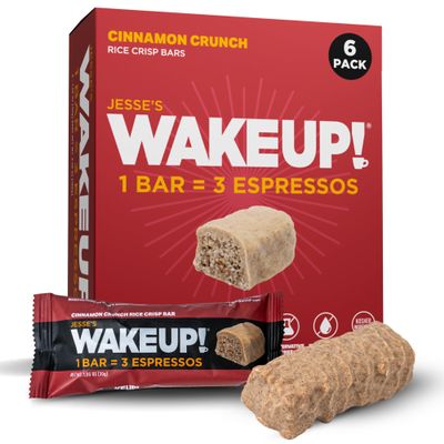 Wake UP! Cinnamon Crunch Bars (1 Bar = 3 Espressos) Gluten Free Protein Energy Bar, 250mg Plant Based Caffeine, Kosher Ingredients, Low Sugar, Boost Brain, Hours of Sustained Energy Fuel: 6 Pack Small