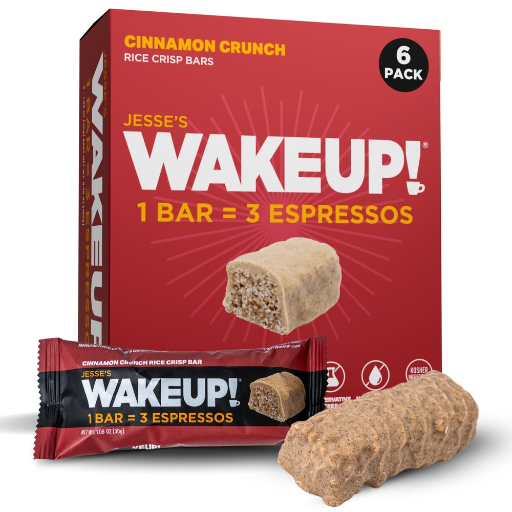 Wake UP! Cinnamon Crunch Bars (1 Bar = 3 Espressos) Gluten Free Protein Energy Bar, 250mg Plant Based Caffeine, Kosher Ingredients, Low Sugar, Boost Brain, Hours of Sustained Energy Fuel: 6 Pack Small