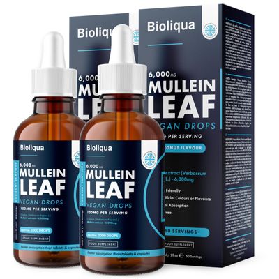 Mullein Leaf Liquid Drops - 120ml - 4 Month Supply - High Strength - Vegan - 120 Servings - Premium Mullein Leaf Extract - 6,000mg per Bottle - Fast Absorption - UK Made by Balance (2X Pack)