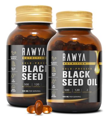 Rawya Black Seed Oil, 120 Softgels x 2 Pack, 500mg Each, Organic Cold-Pressed Black Seed Oil Capsules, Pure Nigella Sativa, Rich in Omega-3-6-9 for Skin Hair Digestion Metabolism Vitality and Wellness