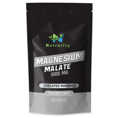 Nutrality Magnesium Malate Supplement 1000mg | Ultra Magnesium Vitabiotics for Heart, Energy & Muscle Relaxation | Chelated Formula | Supports Digestion & Cardio Health | Vegan | 180 Capsules