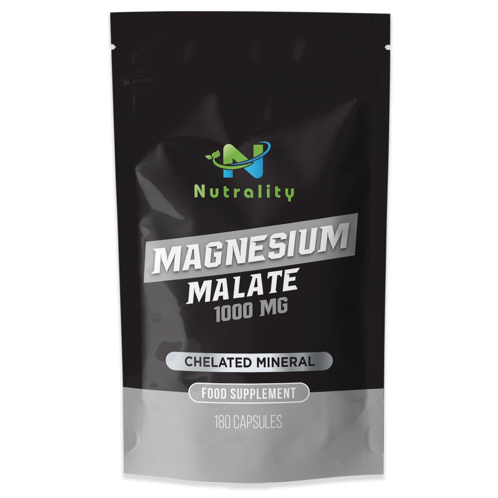 Nutrality Magnesium Malate Supplement 1000mg | Ultra Magnesium Vitabiotics for Heart, Energy & Muscle Relaxation | Chelated Formula | Supports Digestion & Cardio Health | Vegan | 180 Capsules