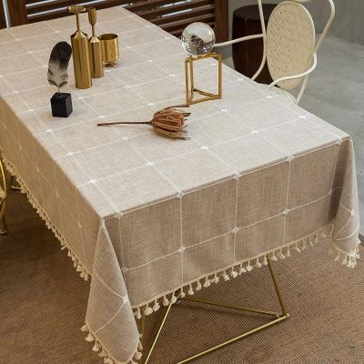 YoKima Tablecloth, Rectangle Table Cloth Cotton Linen Wrinkle Free Anti-Fading Checkered Embroidery Tablecloths Dust-Proof for Kitchen Dining Party(Rectangle/Oblong, 55''x86'',6-8 Seats, Light Brown)