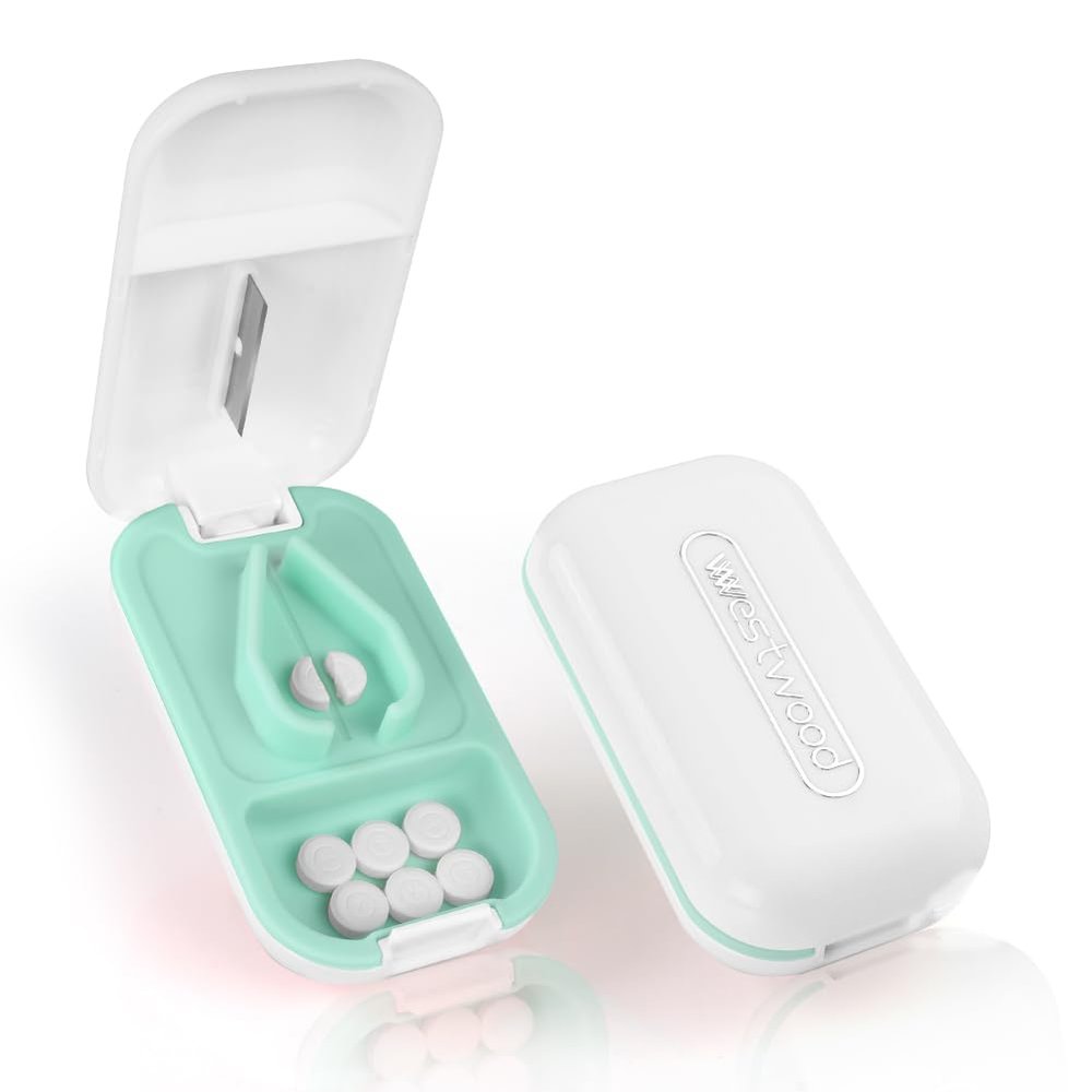 ACWOO Small Pill Tablet Cutter, Portable Pill Splitter for Small and Large Pills Cut in Half Quarter, Cutting & Storage 2 in 1 Tablet Pill Dispenser per Elderly, Child, Dog, Cat, Pet, Travel (White)