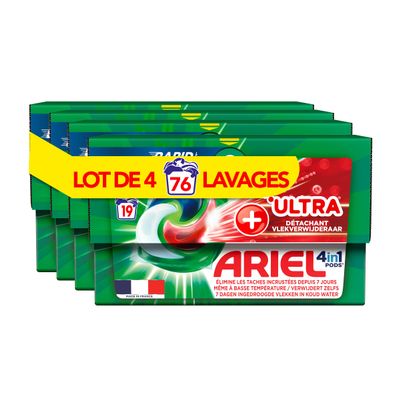 Ariel 4-in-1 Pods Liquid Detergent in Capsules, 76 Washes (4 x 19 Tabs), Ultra Stain Removal Technology, Removes Stubborn Stains at Low Temperature, Even After 7 Days, Made