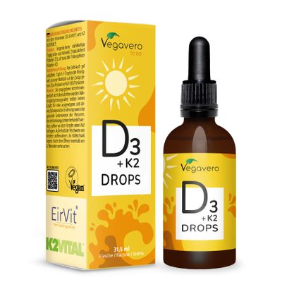 Vegavero Vitamin D3 K2 Drops | 1 Year Reach| 1000 IU Vitamin D3 (from The UK) & 12.5 g K2 | NO Additives | Lab-Tested | Vegan