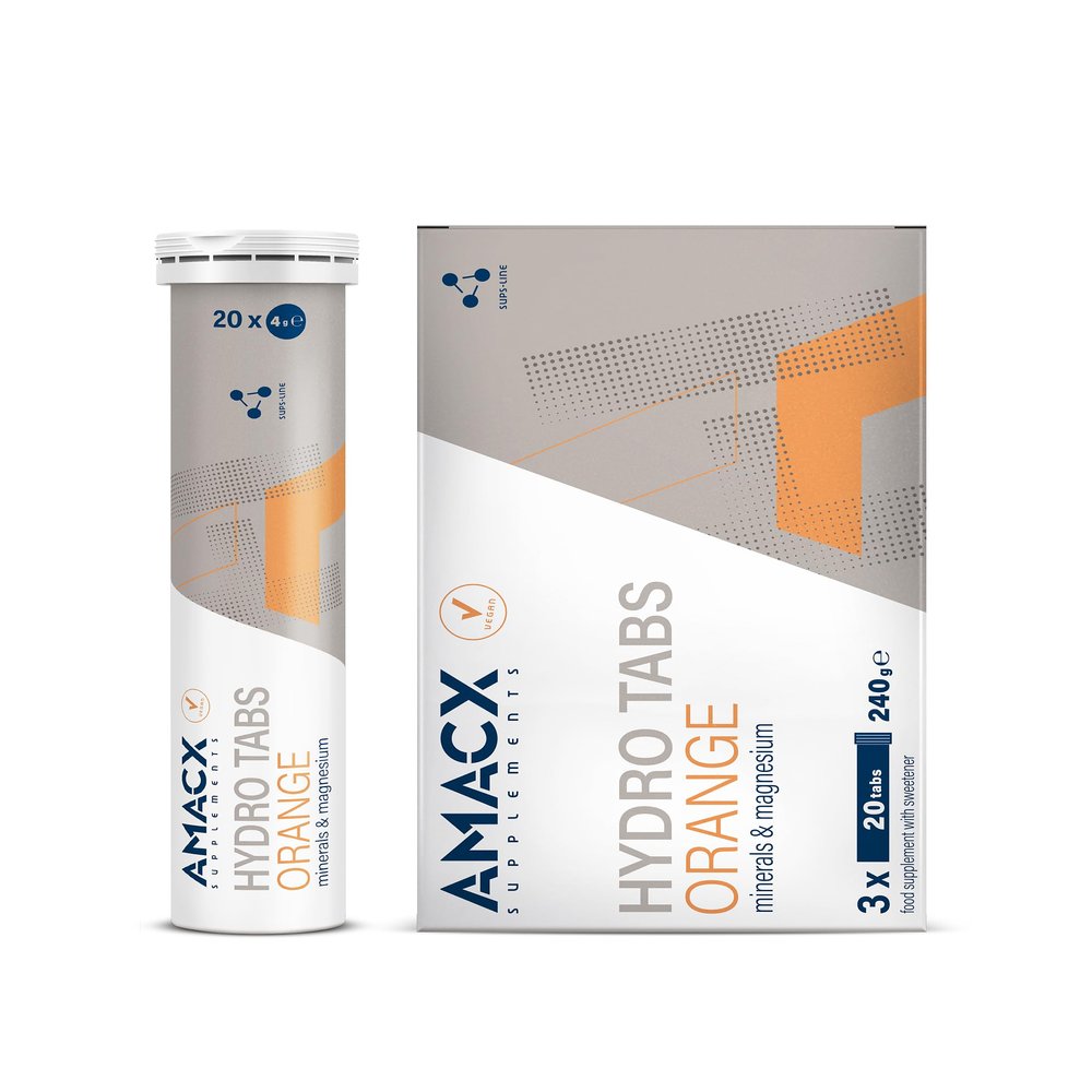 AMACX Hydro Tabs, Electrolytes Without Sugar with Vitamin C, 3 Tubes of 20 Magnesium Effervescent Tablets, Hydration for Athletes, Electrolyte Sport, Recovery Drink for Mineral Balance (Orange)