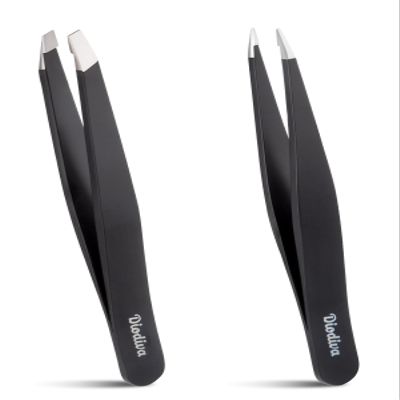 2-Pack Tweezers for Eyebrows, Facial Hair, Ingrown Hair Removal, Slant and Point Tip Tweezer Set for Women and Men, Professional Stainless Steel Precision Eyebrow Plucking Grooming with Case - Black