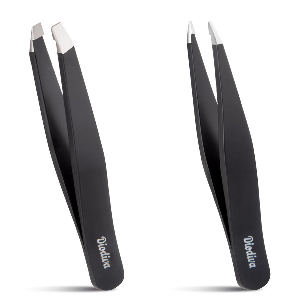 2-Pack Tweezers for Eyebrows, Facial Hair, Ingrown Hair Removal, Slant and Point Tip Tweezer Set for Women and Men, Professional Stainless Steel Precision Eyebrow Plucking Grooming with Case - Black