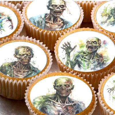 24 Zombie water colour edible Cupcake Cake Toppers Wafer Rice Paper precut decoration