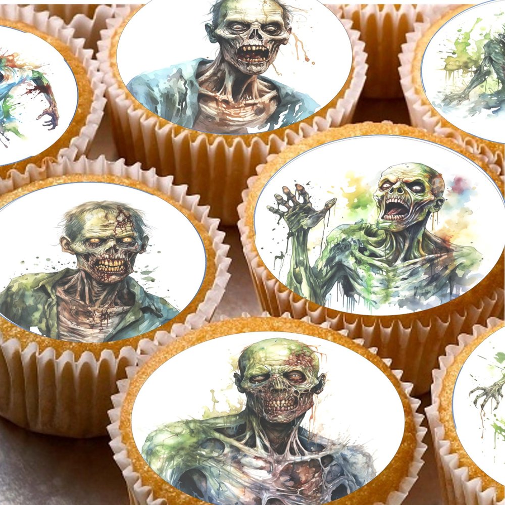 24 Zombie water colour edible Cupcake Cake Toppers Wafer Rice Paper precut decoration