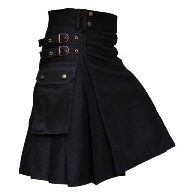 Mymyguoe Kilt Men's Tartan Skirt, Scottish Check Kilt Pleated Skirt, Tartan Utility Kilts for Men, Tartan Kilt with Straps and Large Cargo Pockets, A1 BLACK, L
