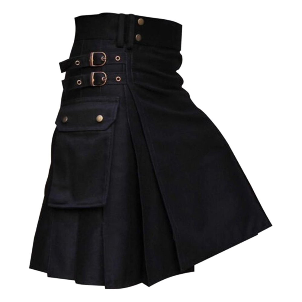 Mymyguoe Kilt Men's Tartan Skirt, Scottish Check Kilt Pleated Skirt, Tartan Utility Kilts for Men, Tartan Kilt with Straps and Large Cargo Pockets, A1 BLACK, L