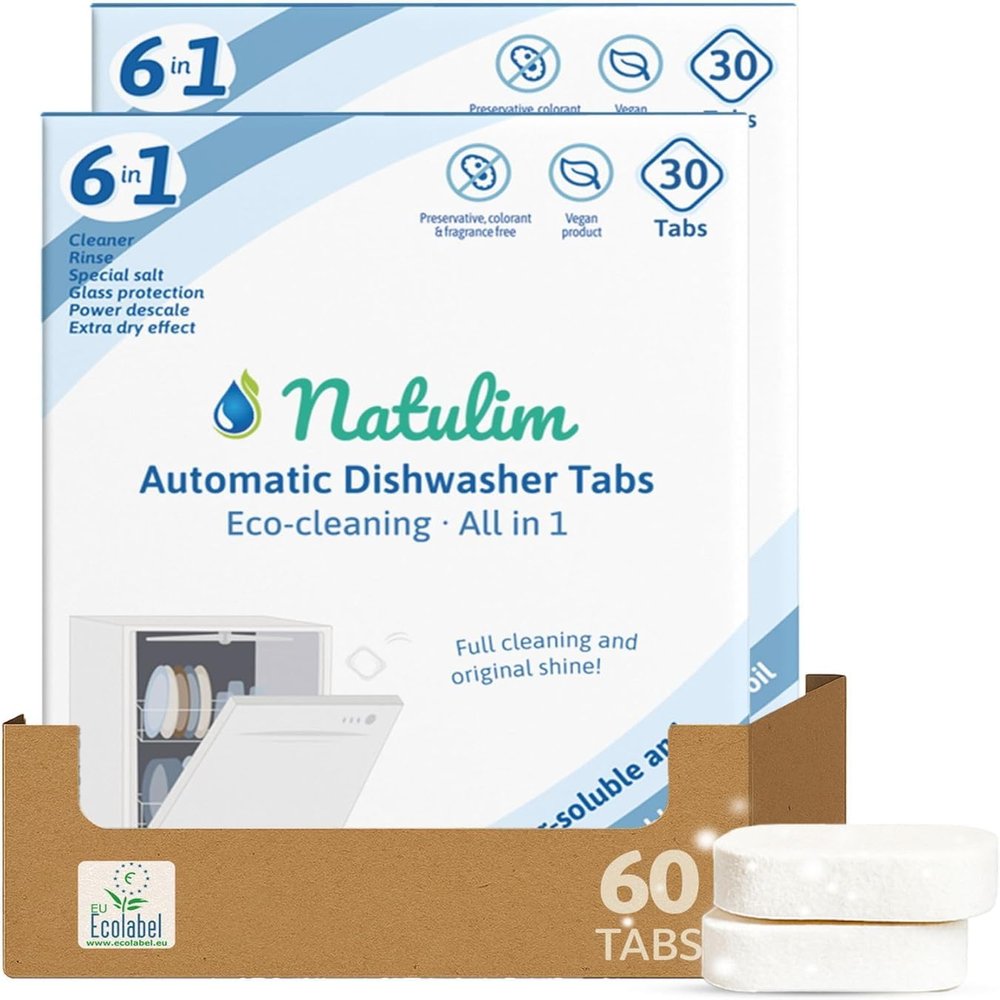 Natulim Dishwasher Tablets  30 Count  Water Soluble & Biodegradable Tablets for Dishwashers detergent  6-in-1 Formula  Deep Cleaning, Glass Protection, Salt Function  Plastic-Free | Made in Spain