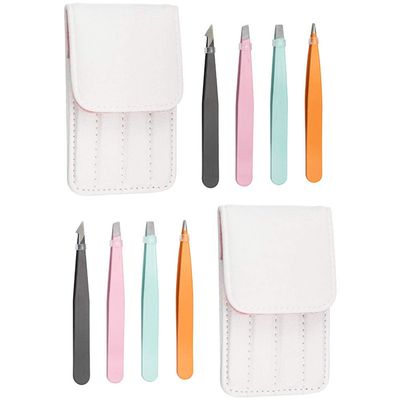 Desikixudy 8 Eyebrow Tweezers, Oblique Tip and Pointed Eyebrow Tweezers Set, Daily Beauty Tool, with Leather Case