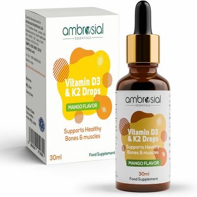 Ambrosial Vitamin D3 + K2 Drops High Strength Liquid Supplement for Adults & Kids 500 IU Vitamin D3 + 50 mcg Vitamin K2 Mango Flavour, Gluten Free, Non-GMO, Easy-to-Take Vitamin D Liquid 30 ml