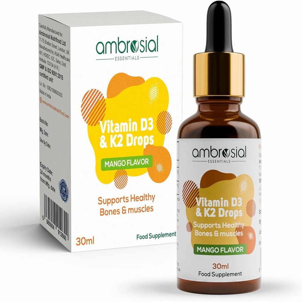 Ambrosial Vitamin D3 + K2 Drops  High Strength Liquid Supplement for Adults & Kids  500 IU Vitamin D3 + 50 mcg Vitamin K2  Mango Flavour, Gluten Free, Non-GMO, Easy-to-Take Vitamin D Liquid  30 ml