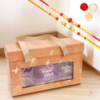 Ghasitaram Gifts Jaiccha Rakhi Gifts for Brothers - 6 jars Orange Box with bites and cookies with 2 Rakhis