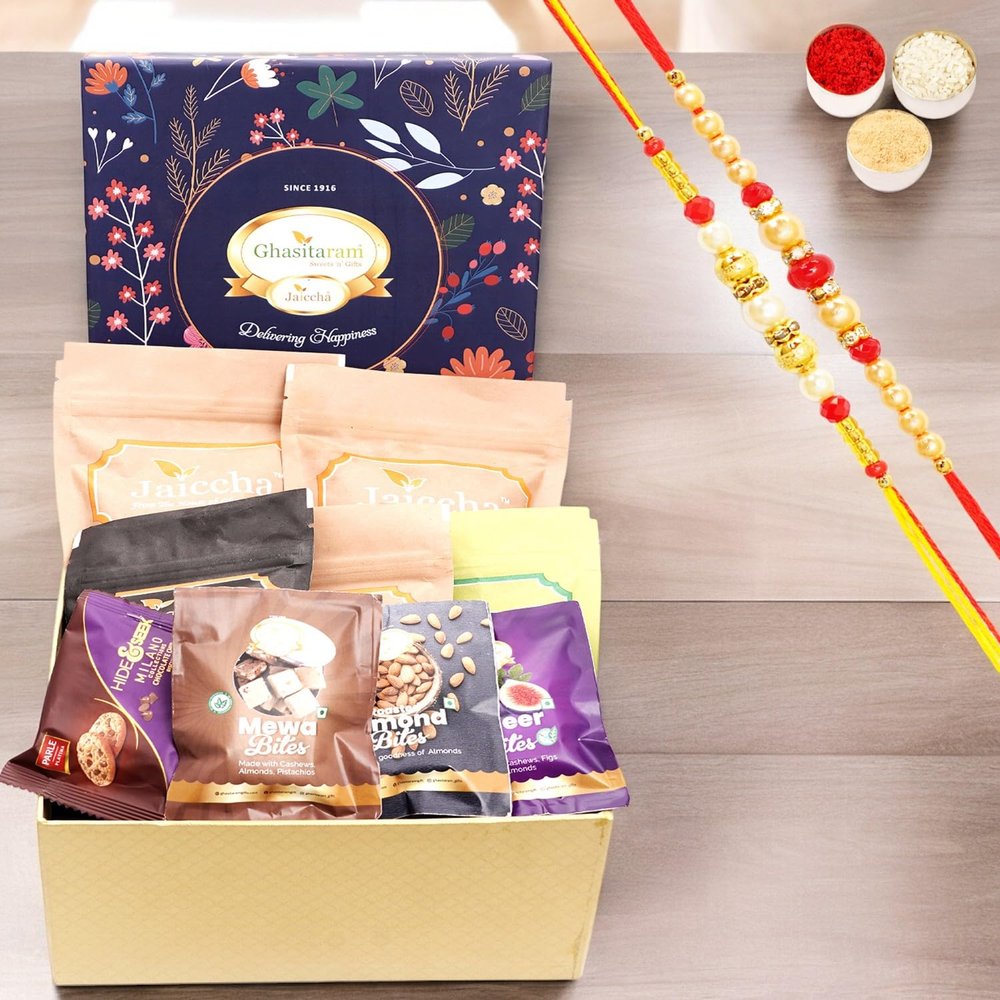 Ghasitaram Gifts Jaiccha Rakhi Gifts for Brothers - Ghasitaram Hamper Box of 13 Goodies with 2 Rakhis