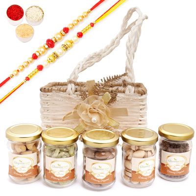 Ghasitaram Gifts Jaiccha Rakhi Gifts for Brothers - Jute small basket with flower 5 Jars with 2 Rakhis