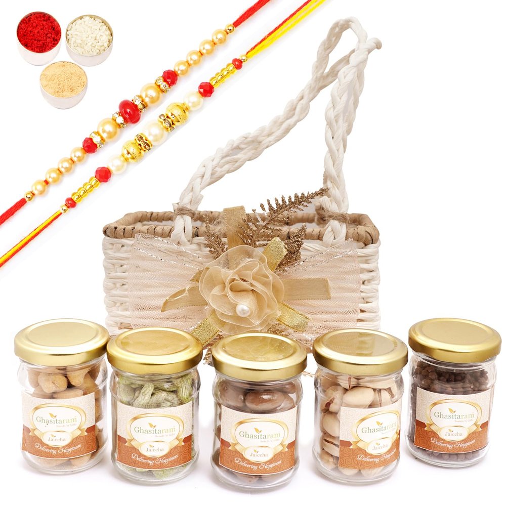 Ghasitaram Gifts Jaiccha Rakhi Gifts for Brothers - Jute small basket with flower 5 Jars with 2 Rakhis