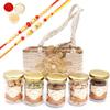 Ghasitaram Gifts Jaiccha Rakhi Gifts for Brothers - Jute small basket with flower 5 Jars with 2 Rakhis view 1
