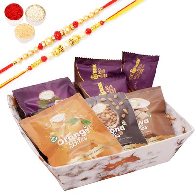 Ghasitaram Gifts Jaiccha Rakhi Gifts for Brothers - Small White Tray of Bites and Cookies with 2 Rakhis